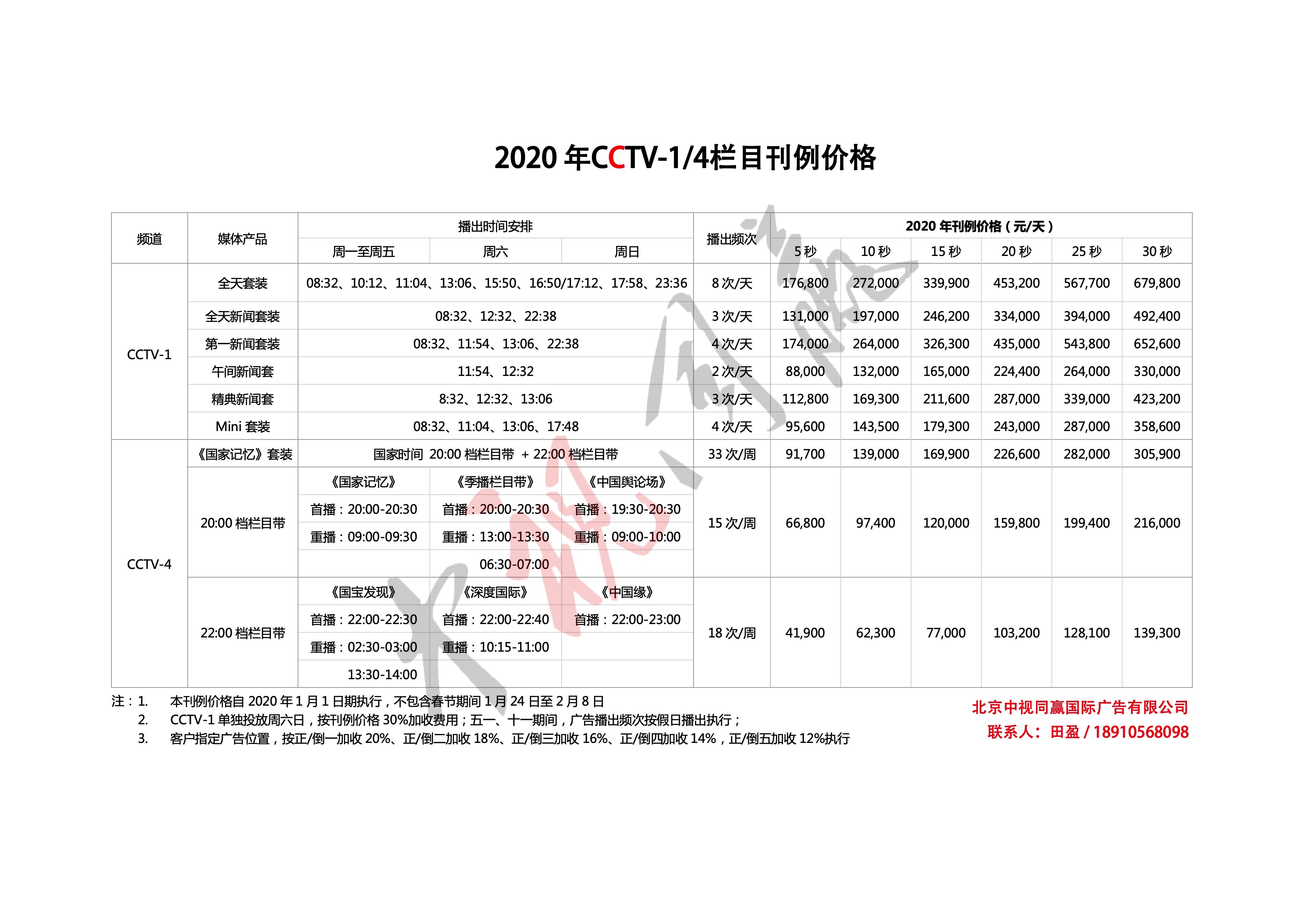 2020年CCTV-1.4刊例价格2